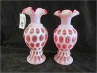 PAIR OF FENTON CRANBERRY OPALESCENT COIN DOT