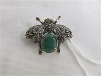 STERLING SILVER EMERALD AND MARCASITE BROOCH