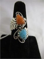 STERLING SILVER CORAL AND TURQUOISE RING SZ 9