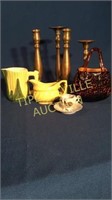 4 brass candlesticks, art glass purse, corn