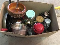 Box of household items, lanterns cookware