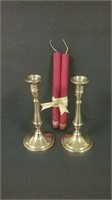 2 Italian Brass Candle Sticks & Bees Wax Candles