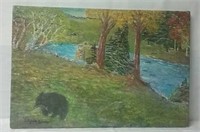 Local Artist Painting On Canvas, Bear With Fish