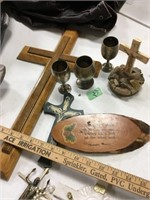 wood crosses, brass goblets