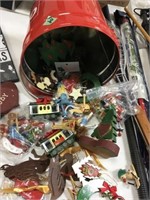 misc vintage wood toys in tin