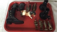 Assorted cast iron pieces and horse figurine