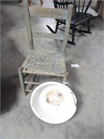 Old wood pea pickin chair with enamel bowl
