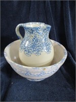 Blue spongeware wash basin and pitcher