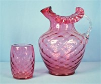 Fenton Quilted Cranberry Pitcher and Glass