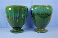 Pair of Large Green Drip Glaze Flower Pots 18.5" H