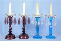 2 Pair Candleholders Amethyst & Iridescent Blue