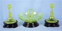 Vaseline Glass Candlesticks & Bowl w/ Black Bases