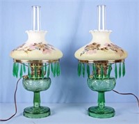 2 Green Aladdin Beehive Lamps, Hand Painted Shades