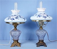 Two Embossed Glass Lamps w/ Hand Painted Shades