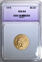 1915 $5.00 GOLD INDIAN, APCG, CH/GEM BU
