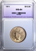1911 $10.00 GOLD INDIAN, APCG, CH/GEM BU