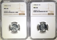 2-1943-D LINCOLN "STEEL" CENTS, NGC MS-66