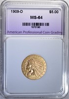 1909-D $5.00 GOLD INDIAN, APCG, CH/GEM BU