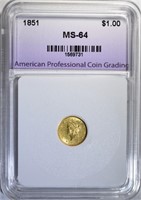 1851 $1.00 GOLD LIBERTY, APCG CH/GEM BU