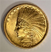 1907 NO MOTTO $10 GOLD INDIAN BU
