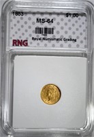 1853 $1.00 GOLD LIBERTY HEAD RNG CH/GEM BU