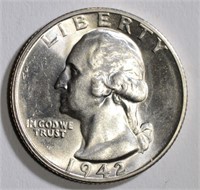 1942-S WASHINGTON QUARTER, CH BU KEY DATE