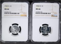 1943-D & 1943-S STEEL CENTS NGC MS66