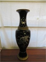 Tall Brass & Enamel Abalone Inlayed Asian Vase