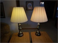 2 brass table lamps with pleated shade