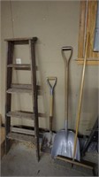 Wood Step Ladder, Shovels & Broom