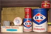 Vtg DX Oil Cans, Hills Bro Tins, Clock