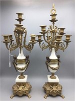 Pair of white marble and brass candelabras