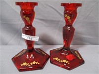 Fenton pair of ruby red painted 6" candlesticks