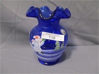 Fenton cobalt snowman vase 5"