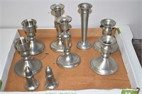 GROUP PEWTER ITEMS CANDLE HOLDERS, SALT & PEPPER