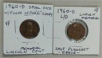1960-D SD & 1060-D LD Error Lincoln Cents  VF