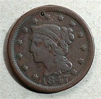 1847 Braided Hair Large Cent VG-Details  Holed