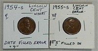 1954-S & 1955-S Error Lincoln Cents  F & VF