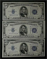 3  1934-C $5 Silver Certificates  VF