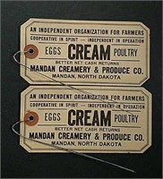 2  Mandan Creamery & Produce Co. Wire Tags