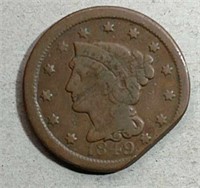 1849 Braided Hair Large Cent  F  Clipped-scratched