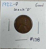 1922-D " Weak D" Lincoln Cent  G