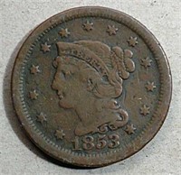 1853 Braided Hair Large Cent  F+
