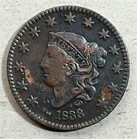 1833 Coronet Large Cent  F