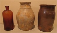2 Stoneware Jars & 1 Amber Bottle