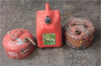 2 - 2 1/2 Gal Metal Gas Cans & 5 Gal Plastic Can