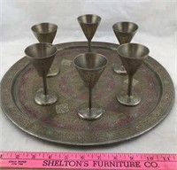 Ornate Engraved Metal Tray with 6 Cups