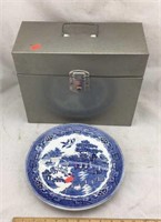 Metal File Holder Box with Blue Willow Plate
