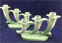 Pair of Green Weller Triple Candle Holders
