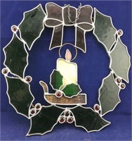Vintage Stained Glass Holly Wreath and Candle